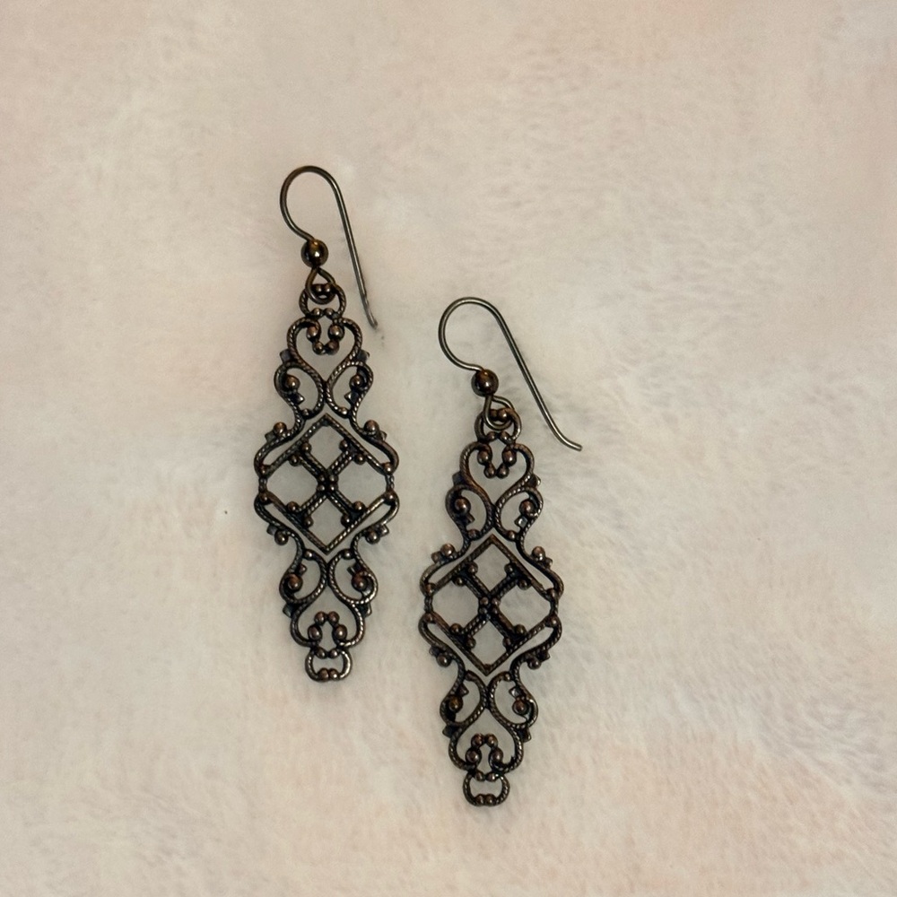 Black Tone Filigree Diamond Drop Earrings 2” Lightweight